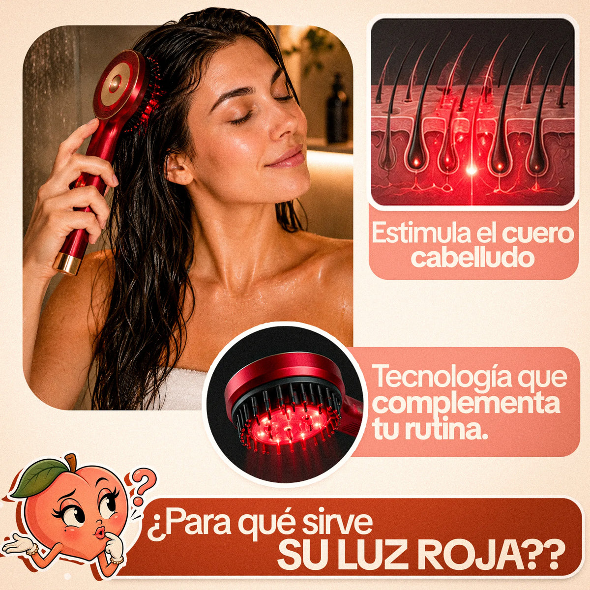 Cepillo Masajeador Capilar Aplicador Aceite Luz Roja 3 en 1